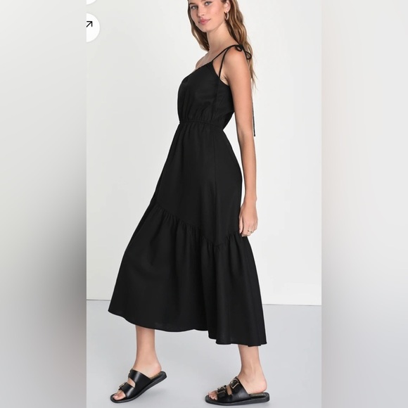 Lulu’s medium black cotton linen blend midi dress Asymmetrical - Picture 1 of 10
